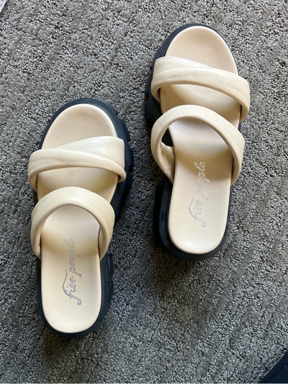 Free People Cream Double-Strap Slide Sandals with Black Platform